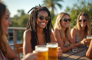 Group of friends enjoy beer on rooftop terrace. Diverse people drink alcohol smiling. Women laugh together at outdoor bar. Sunlight, leisure at a party setting.