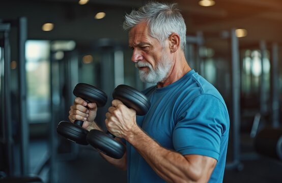 An older man performs weightlifting exercises at a gym. The senior adult lifts dumbbells focused on training. He looks concentrated working on strength. Healthy lifestyle and fitness are his goals.