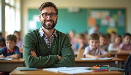 Bearded teacher smiles in class. Students learning at desks in background. Instructor leads lesson, wears glasses, casual clothes. Education concept photo shows classroom setting, children. Smart