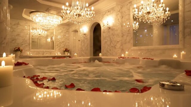Elegant bathroom with a luxurious jacuzzi surrounded by candles and rose petals, creating a romantic ambiance