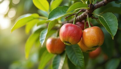 Ripe cashew apples grow on tree branch amidst rich green foliage. Red, orange skins gleam in soft sunlight. Healthy fruit ripens on vibrant tree in warm climate orchard. Image shows fresh food from