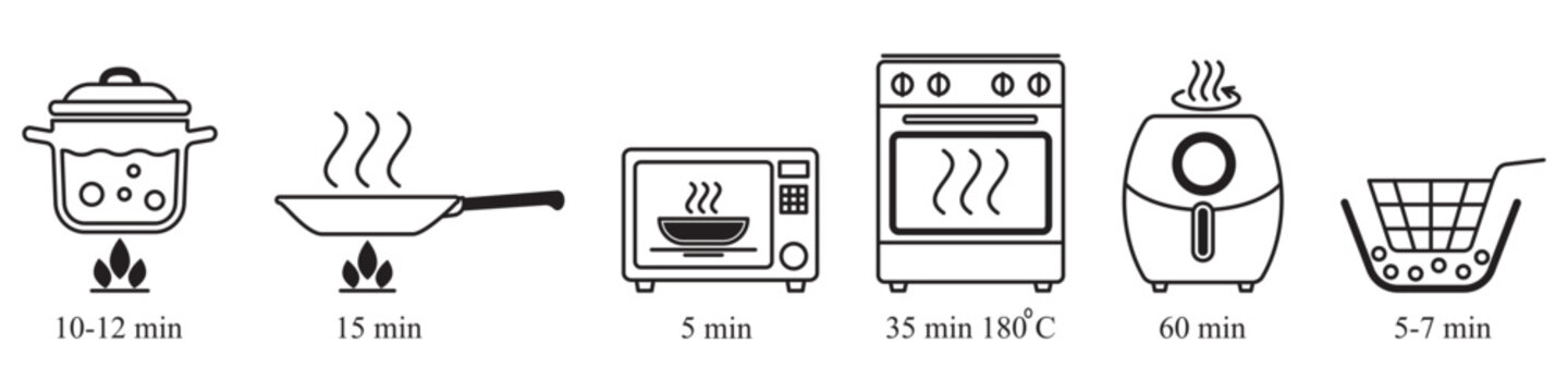 Cooking time icons for kitchen appliances isolated on transparent background. Linear set with temperature and time symbols for air fryer, oven, saucepan, frying pan, microwave, and deep fryer.