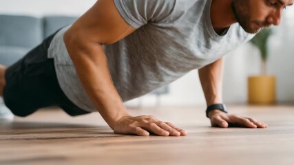 Fit male performing push ups indoors, demonstrating dedication to fitness and a healthy lifestyle. Home exercise trends emphasize bodyweight training and functional strength for overall wellness - Powered by Adobe