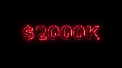 Red color neon bright $20,00K number for finance and success themed animation. Perfect for financial video animation. Digital or currency Maney themes. Black background 4k video.