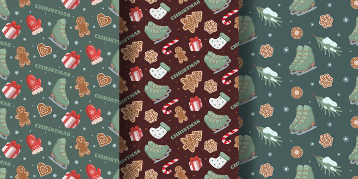 Three Christmas wrapping paper patterns green with cookies and mittens, red with candy canes and socks, and dark green with skates and pine branches. Festive seamless designs for seasonal packaging