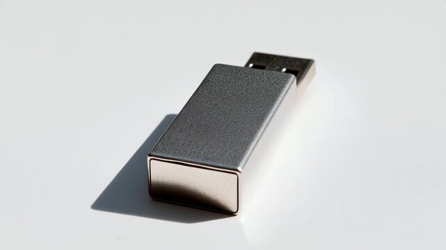 Ultra HD Close up of a modern, metallic silver usb flash drive with textured body resting on a bright white surface with shadow video