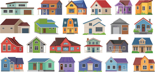 Fototapeta premium Stylized house illustration set featuring diverse architectural styles and colors for residential, urban, and design-themed projects.