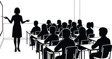 Teacher instructing students in classroom during lesson showing education and learning environment with desk and chair arrangement isolated on white background