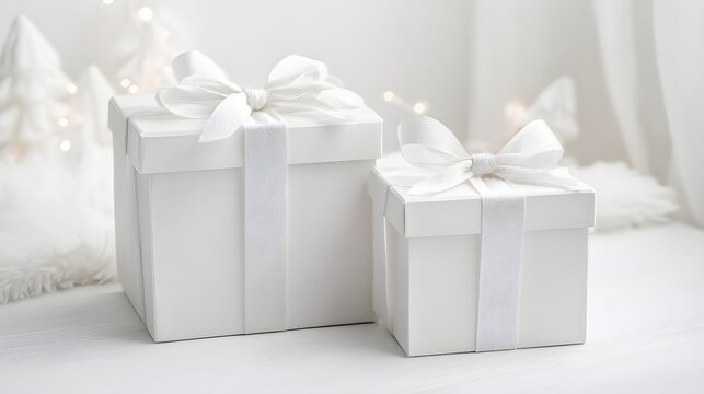 white gift box with bow on white background. white Cloud Dancer color. 