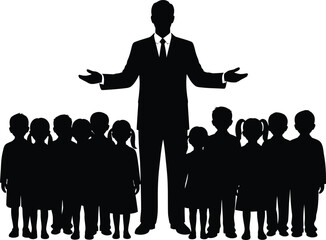 Leader speaker silhouette addressing diverse crowd audience group business meeting presentation concept isolated on white background