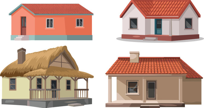 Stylized house illustration set featuring diverse architectural styles and roof types for residential, cultural, and design-themed projects.