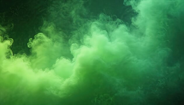 Green smoke background with smooth flowing clouds of mist. Abstract green fog texture. Dark green to light green gradient. Swirling motion of smoke. Green wave design.