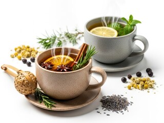Two cups of herbal tea with spices and herbs isolated on white background