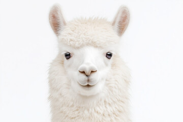 Obraz premium 2026 color trend. Fluffy white llama close-up portrait against a bright white background, showcasing its soft fur texture and gentle expression, perfect for animal lovers and nature enthusiasts
