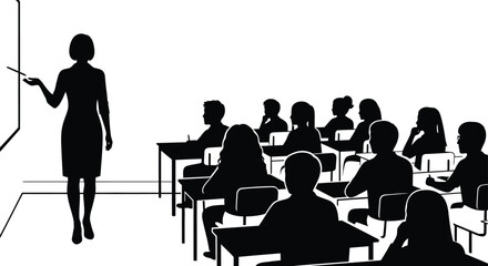 Teacher silhouetted presenting lesson to students seated at desks in classroom learning education concept isolated on white background