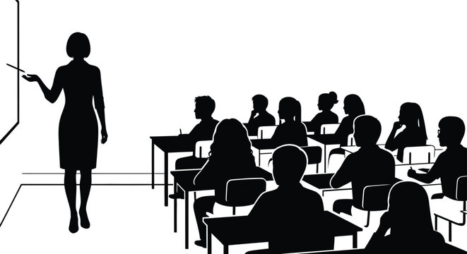 Teacher silhouetted presenting lesson to students seated at desks in classroom learning education concept isolated on white background