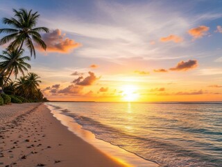 Tropical beach sunset with palm trees isolated on white background