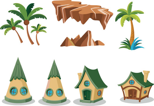 Stylized tropical environment illustration set featuring palm trees, fantasy houses, and rocky platforms for game and animation design.