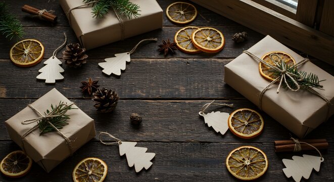 Rustic Christmas gifts with dried oranges, pinecones, and wooden ornaments on a dark wooden surface.