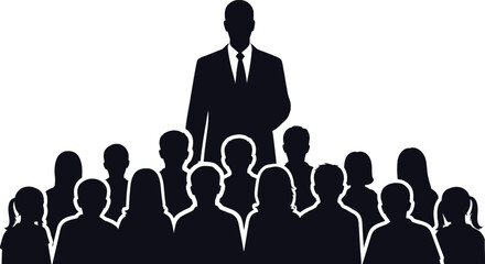 Silhouette of a confident leader standing tall above a diverse group of people symbolizing teamwork business success and unity isolated on white background