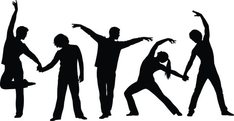 Group dance silhouette illustration—vector of five expressive performers in coordinated poses on white background