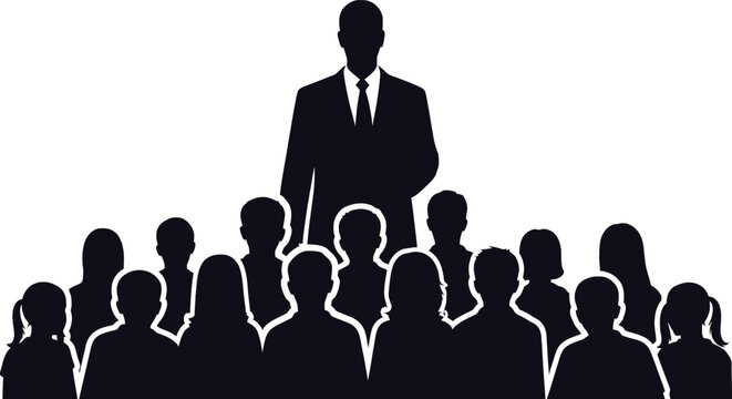 Silhouette of a confident leader standing tall above a diverse group of people symbolizing teamwork business success and unity isolated on white background - Powered by Adobe