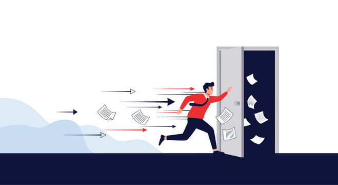 Businessman running away from work and escaping through a door, leaving a trail of papers behind, symbolizing quitting a job.