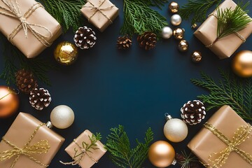 christmas tree and gifts Merry Christmas and Happy Holidays greeting card, frame, banner. New Year. Noel. Red and white Christmas decorations and g top view. Winter xmas holiday celebration