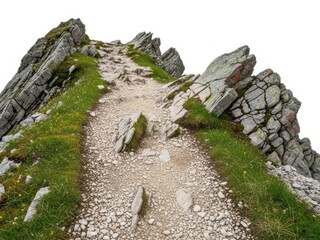 Rocky mountain path with green grass isolated on white background