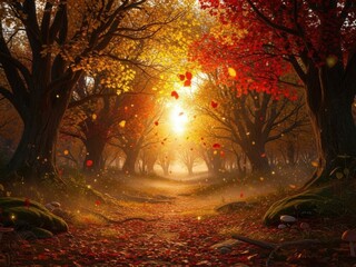 Enchanting autumn forest path illuminated by golden sunlight isolated on white background