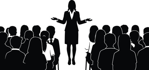 Silhouette of a confident businesswoman speaking to a diverse crowd of people in a professional setting promoting leadership and communication skills isolated on white background
