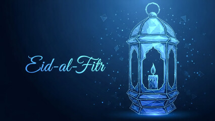 Digital eid alfitr greeting card with lantern and candle on a dark blue background
