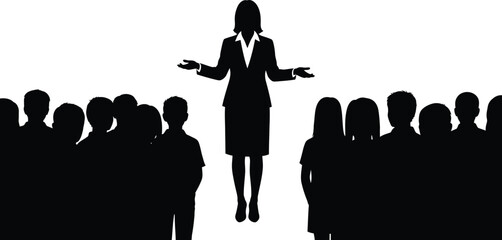 Silhouette of a confident businesswoman in a suit presenting to a diverse audience of people during a conference or meeting conveying leadership and communication isolated on white background