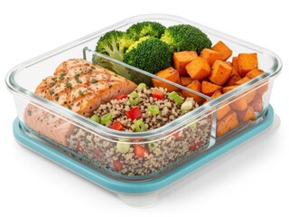 Healthy compartmentalized meal prep container with chicken broccoli and quinoa isolated on white background