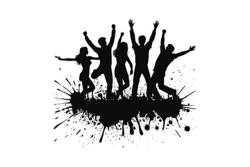 Obraz premium Silhouette of Joyful People Jumping, Celebration, Dance, Party Mood, Happy Crowd, Expressive Movement, Black Ink Splash.