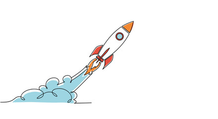 Continuous one-line drawing of a rocket launching into the sky, symbolizing a successful startup, innovation, and progress.