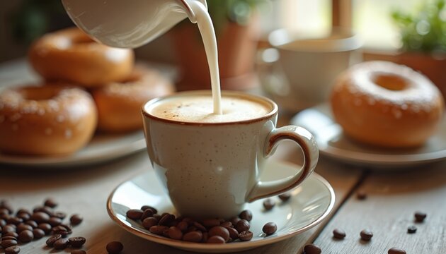Milk being poured into coffee latte on table with bagels and coffee beans. Breakfast scene captures inviting morning atmosphere. Cozy vibes of fresh start at home are here. - Powered by Adobe