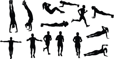 Female Fitness and Plank Exercise Silhouettes Set, Women Performing Standard Plank, Side Plank, and Push-up Variations for Core Strength, Training, and Workout Vector Design Isolated.