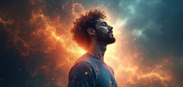 Artistic portrait of a man with eyes closed. He has curly hair a beard. The background features dynamic orange and blue abstract shapes with sparks.
