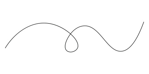 Black wavy line with circular loop, decorative divider and doodle accent, minimal abstract line art on white background