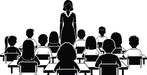 Teacher standing before silhouetted students in a classroom learning environment with desks and chairs education concept isolated on white background