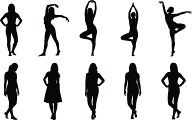 Female Movement and Dance Silhouettes, Women in Long Skirts and Dresses Performing Gymnastics, Cartwheel, Ballet, and Elegant Standing Poses for Artistic and Fashion Vector Design Isolated.