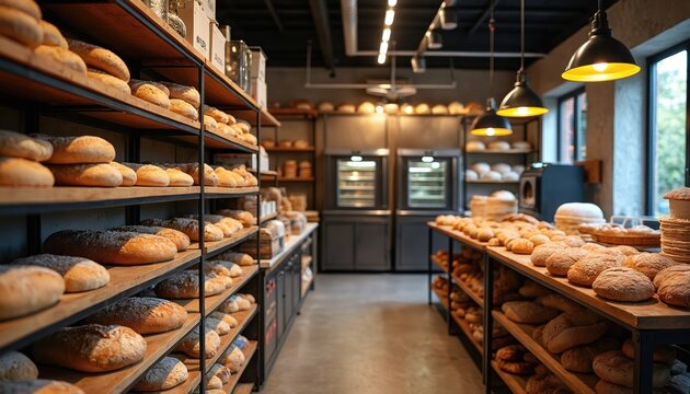 Artisan bakery interior displays shelves packed with fresh baked bread loaves and pastries. Commercial ovens and baking tools are visible in background.