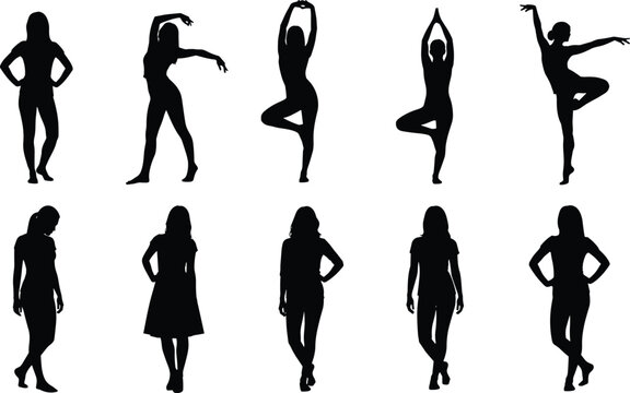 Female Movement and Dance Silhouettes, Women in Long Skirts and Dresses Performing Gymnastics, Cartwheel, Ballet, and Elegant Standing Poses for Artistic and Fashion Vector Design Isolated.