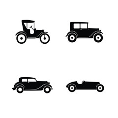 Four black silhouettes of antique and classic cars on white background Keywords: car, automobile, vehicle, transport
