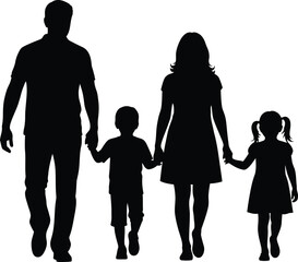 Silhouette of a happy family walking together holding hands representing love unity and connection isolated on white background