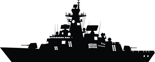 Modern naval warship silhouette—vector of destroyer or cruiser with radar, missile launchers, and angular superstructure © Vex flow