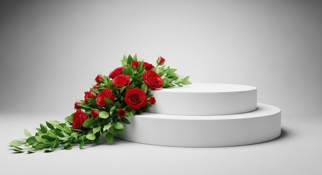 Elegant white podium decorated with fresh red roses and soft light shadows - Powered by Adobe