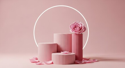 Pink podium with rose flower and glowing circle light for beauty display