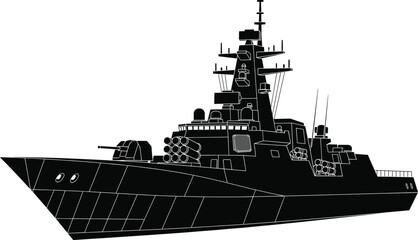 Modern naval warship silhouette—vector of stealth destroyer/frigate with radar, missile launchers, and angular superstructure © Vex flow